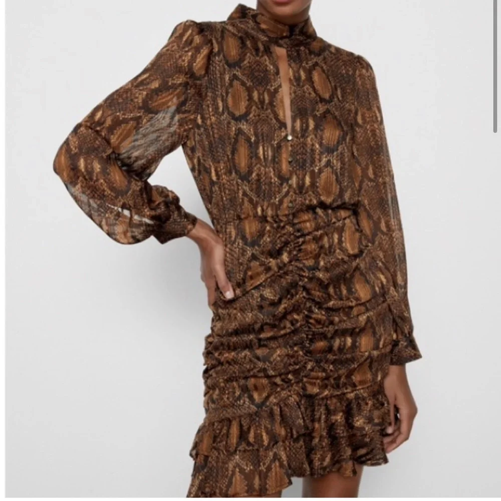 NWT- ZARA Animal Print Ruched Ruffle Front Long Sleeve Mini Dress
